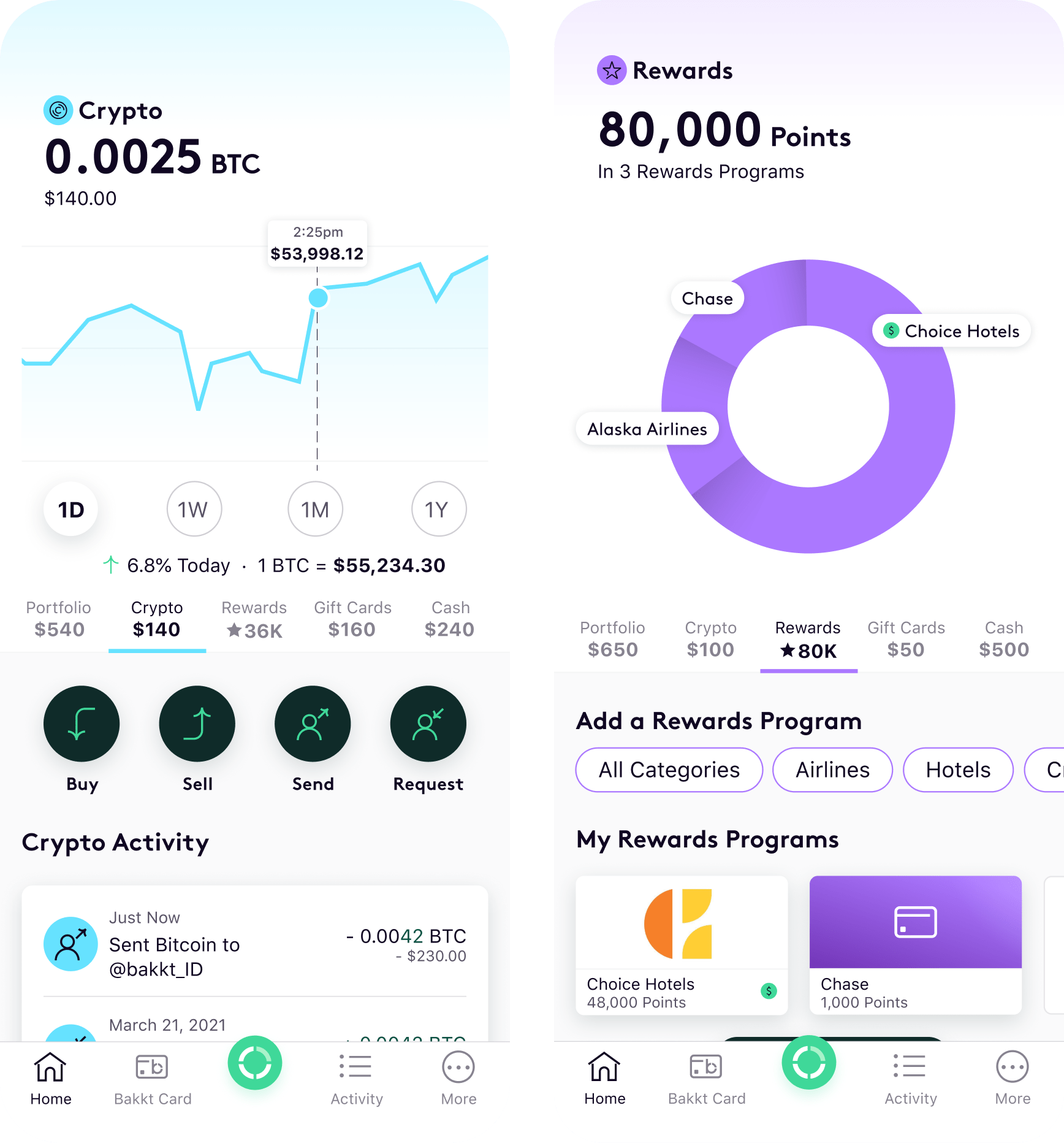 Bakkt crypto and rewards app interfaces