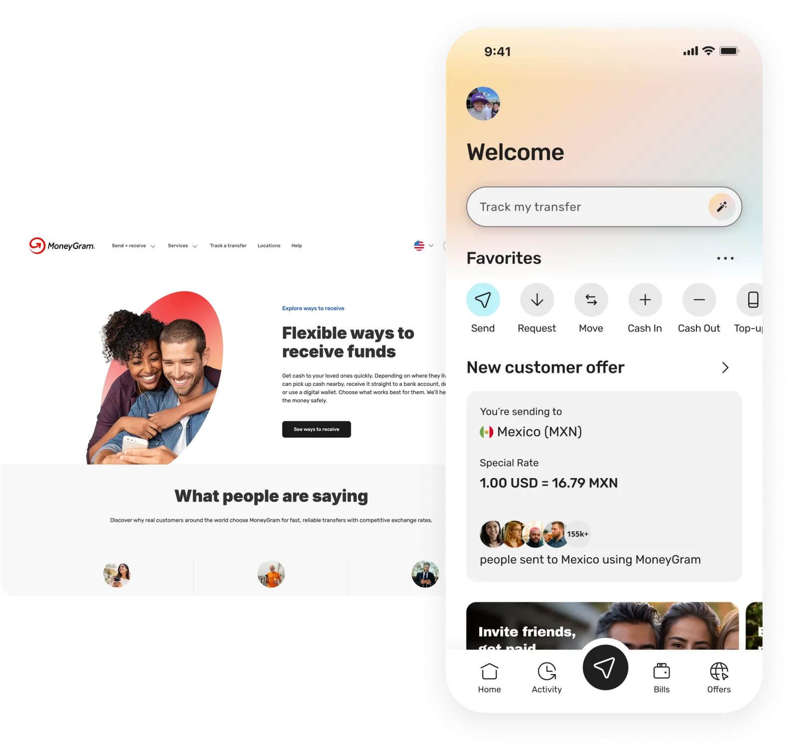 MoneyGram app and website interfaces